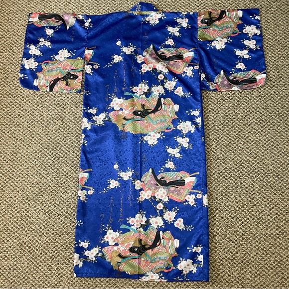 Vintage Juguemm Japanese Geisha & Cherry Blossoms Print Kimono Robe - Blue - Picture 2 of 13